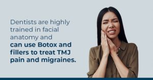 A woman in TMJ pain and holding her jaw before getting dermal fillers and botox